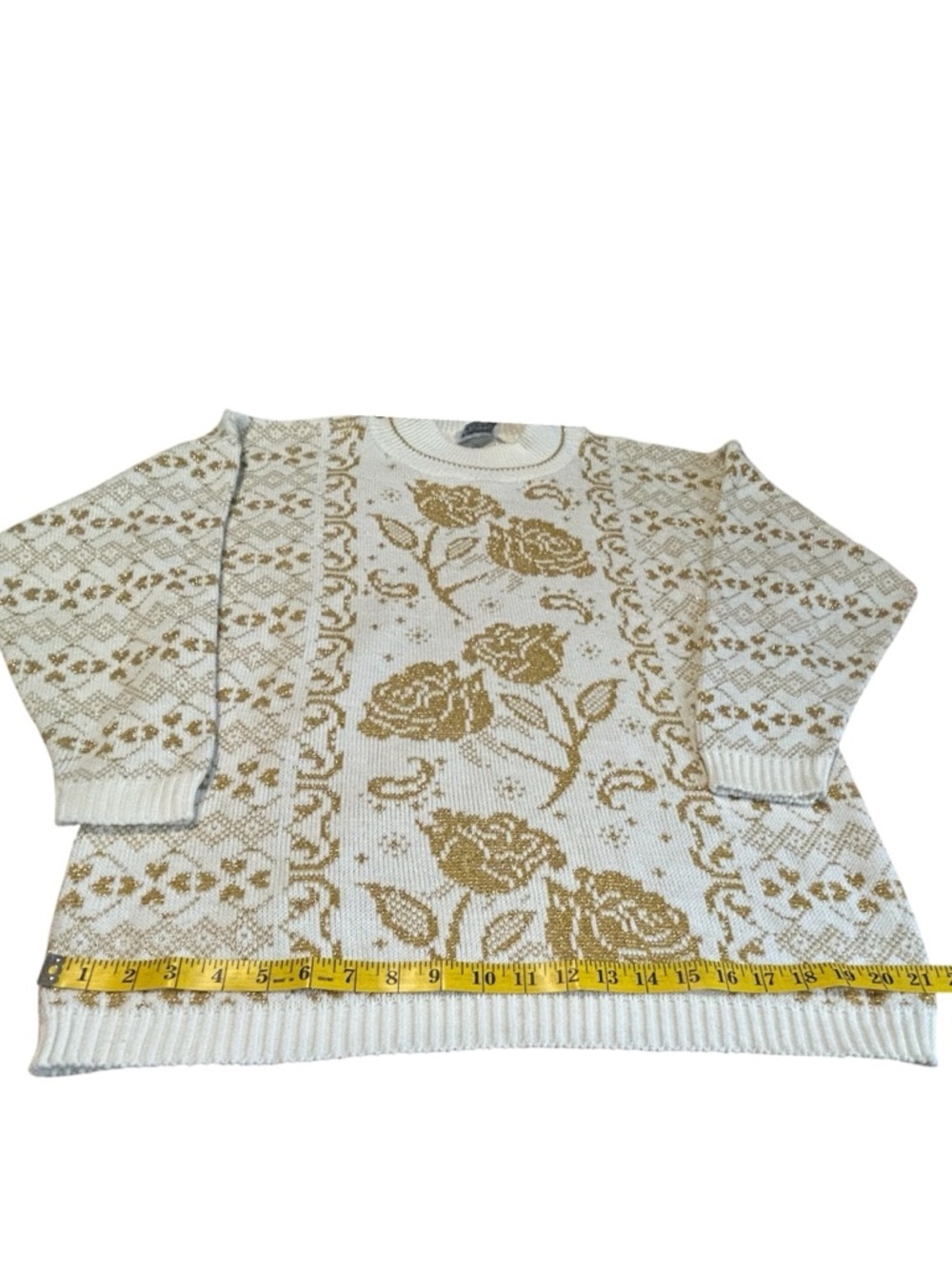 Vintage Gold Floral Sweater Cottagecore 80s 90s USA Womens L - Picture 3 of 9